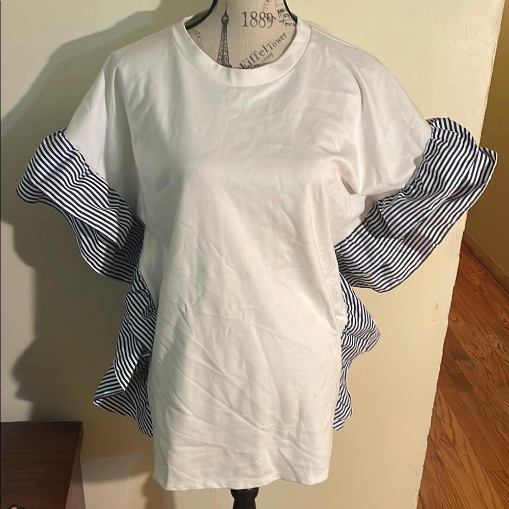 Bloomingdale’s cqbycq White and Blue Ruffle Striped Women's Top